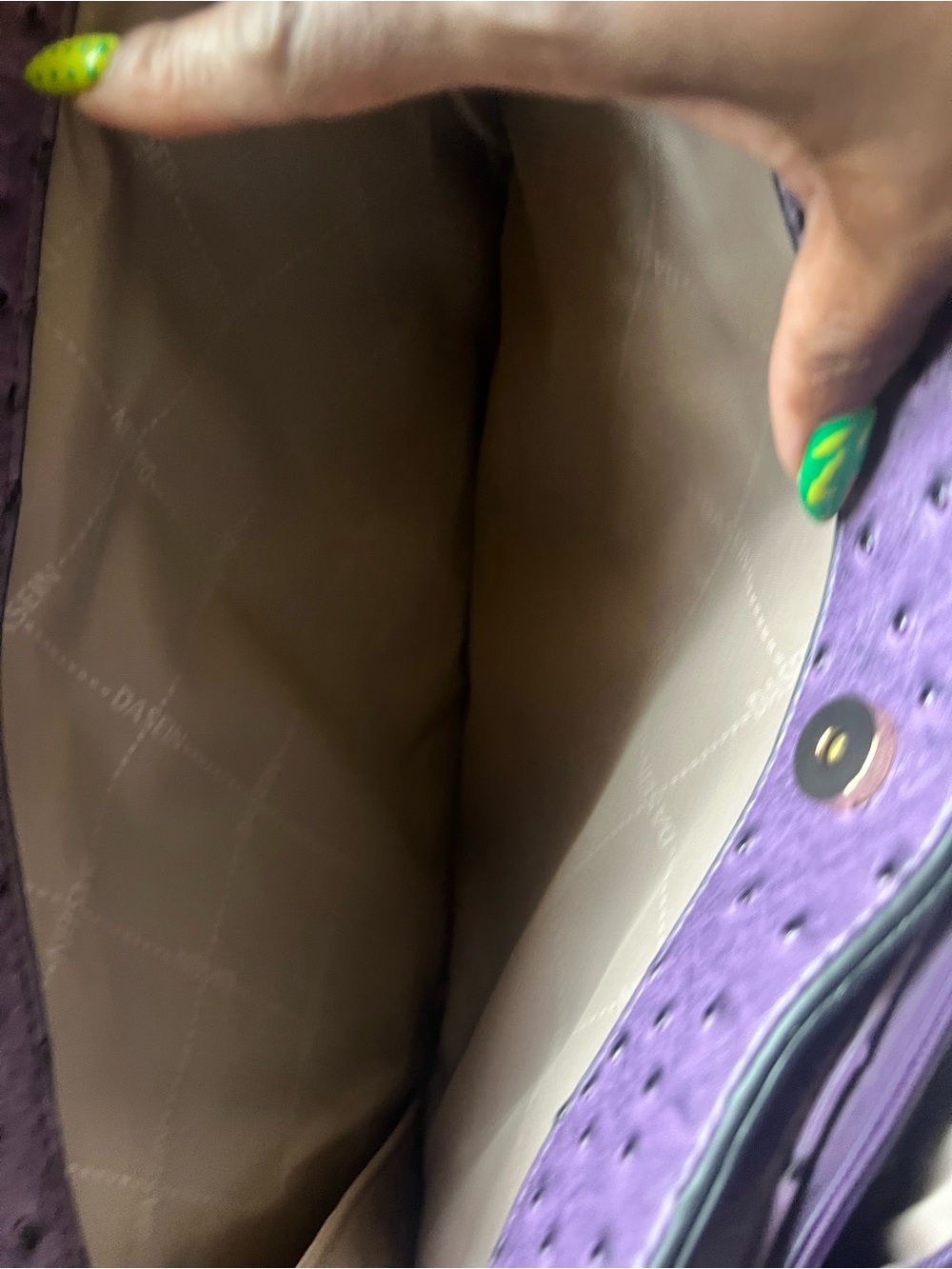 Structured Purple Ostrich-Embossed handbag with Gold Accents - Picture 6 of 6